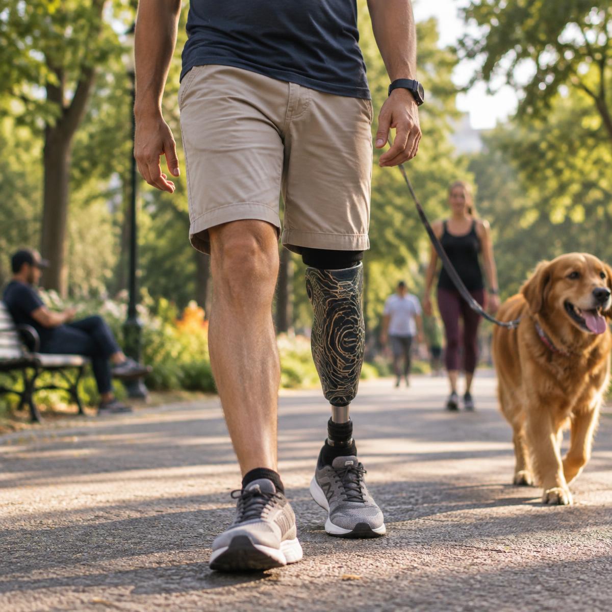 A community member walks through a park using a patterned prosthetic leg